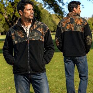 Rugged Trail Crest L Zip Hunter Fleece Jacket Black Camo Elbow Patches Outdoor